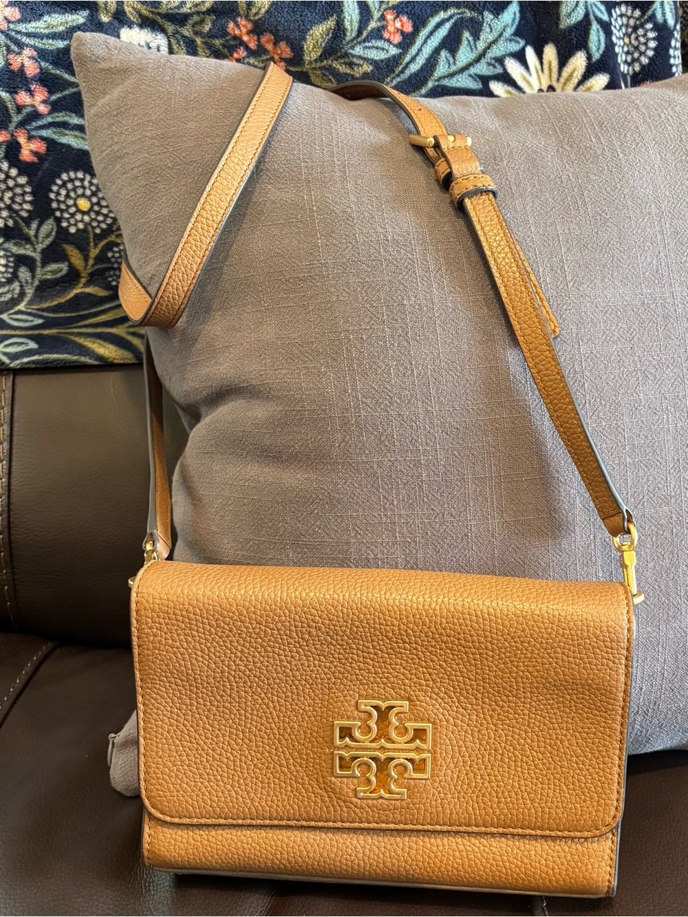 Tory Burch Pebbled Leather Crossbody in Saddle Brown with Gold Hardware